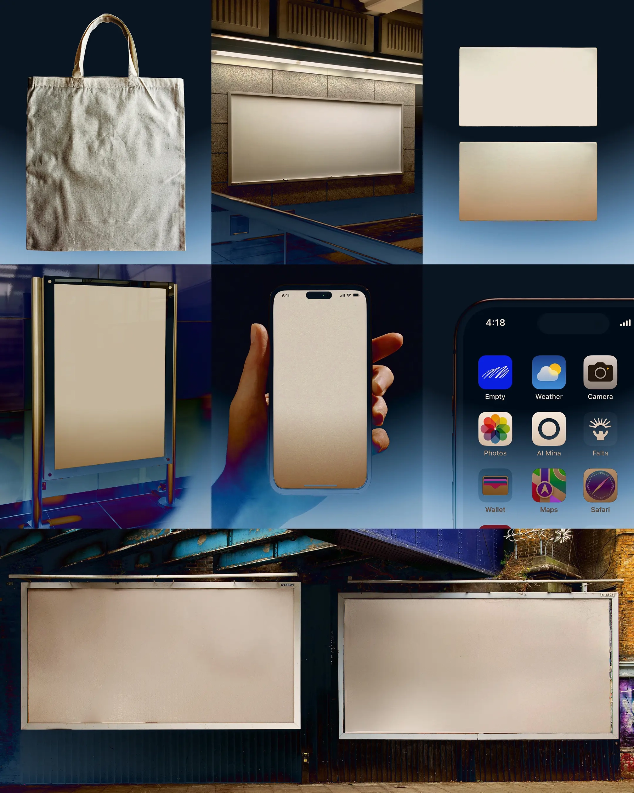 Mabani Mockup Collection 3 with metro posters, tote bags, iPhone UI mockups, business cards, and billboard templates