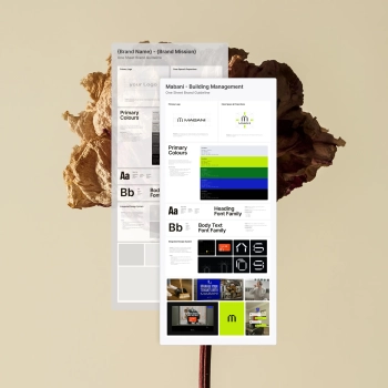 Brand Voice & Tone Template mockup with five strategic chapters from Falta Studio